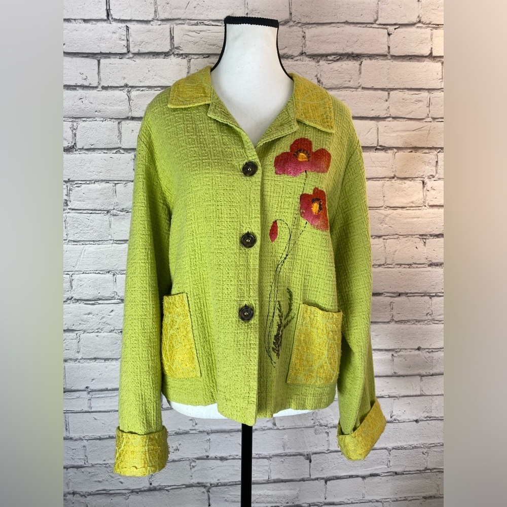 Odile Green Floral Hand Painted Lightweight Jacket Shacket Vintage Size Large - Picture 2 of 12